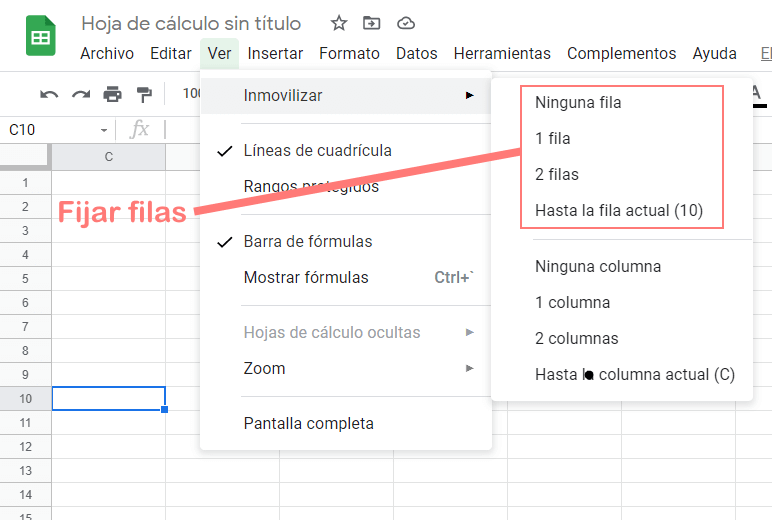 google sheets fijar filas en menu