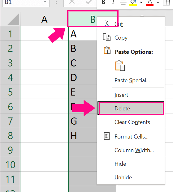 excel delete column