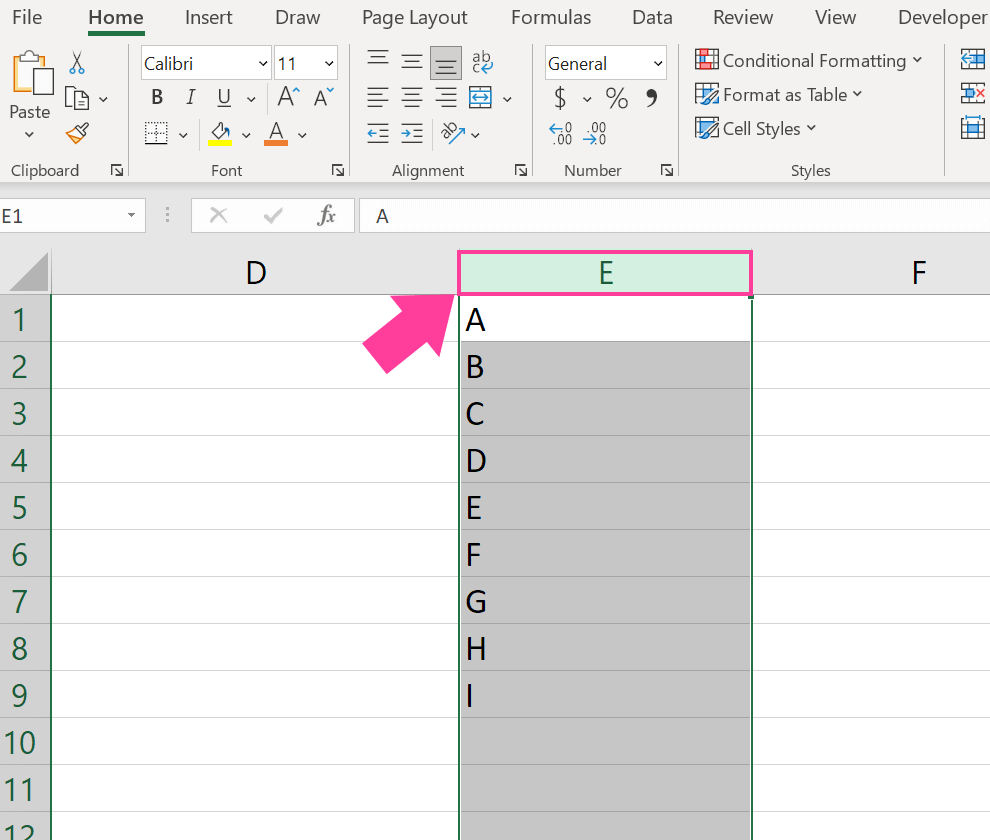 excel select column