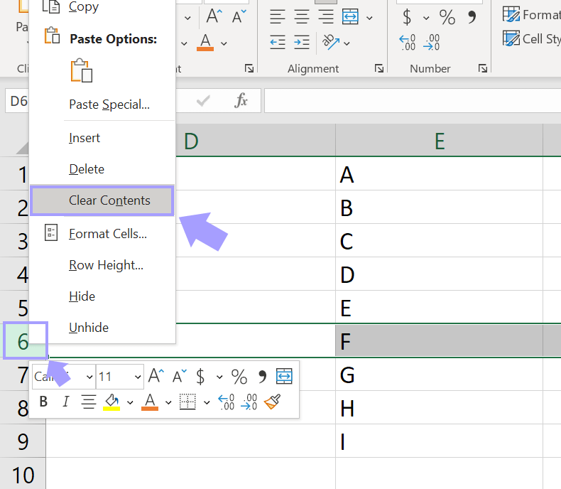 excel clear contents of row