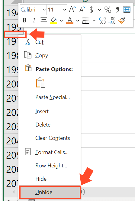 excel show row