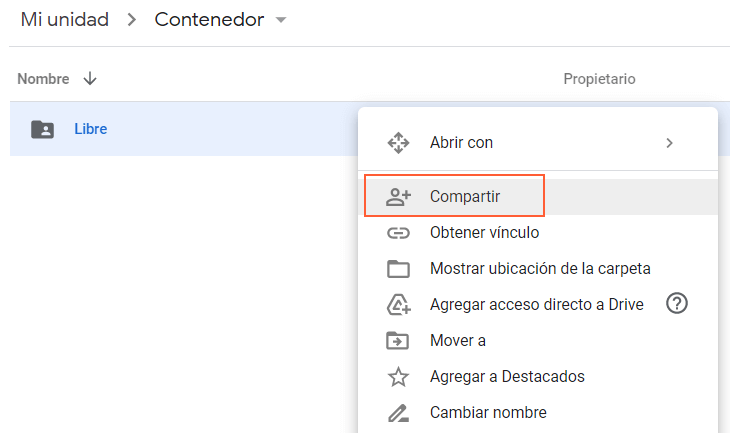 Google Drive menu contextual compartir