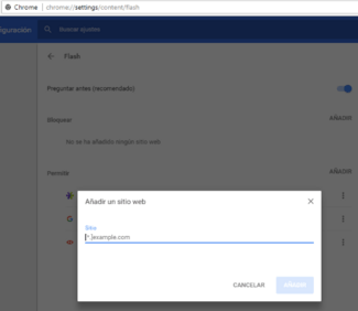 chrome flash player agregar sitio web permitir