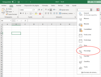 excel seleccionar tipo de dato porcentaje desde lista