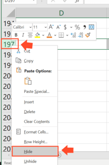 excel hide row